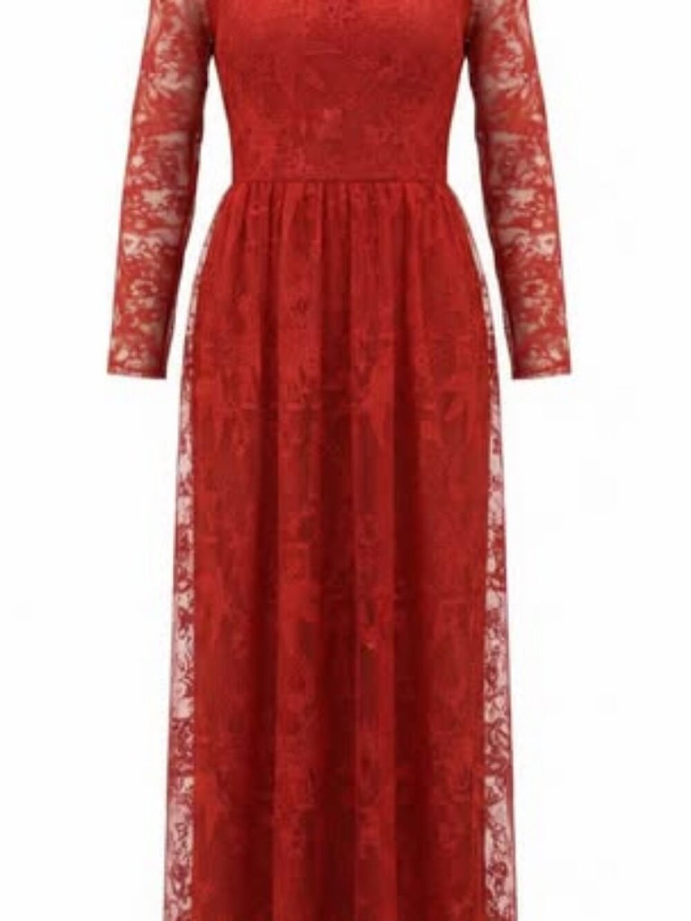 Red Lace Long-Sleeve Formal Maxi Dress